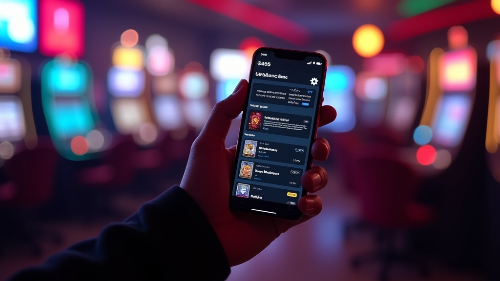 Kamay na may hawak na telepono at bukas ang casino app dashboard